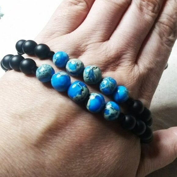 His & Hers Bracelet Set! Couples + Partners! Blue Sea Sediment Jasper 6.75" + 8" - Picture 2 of 8